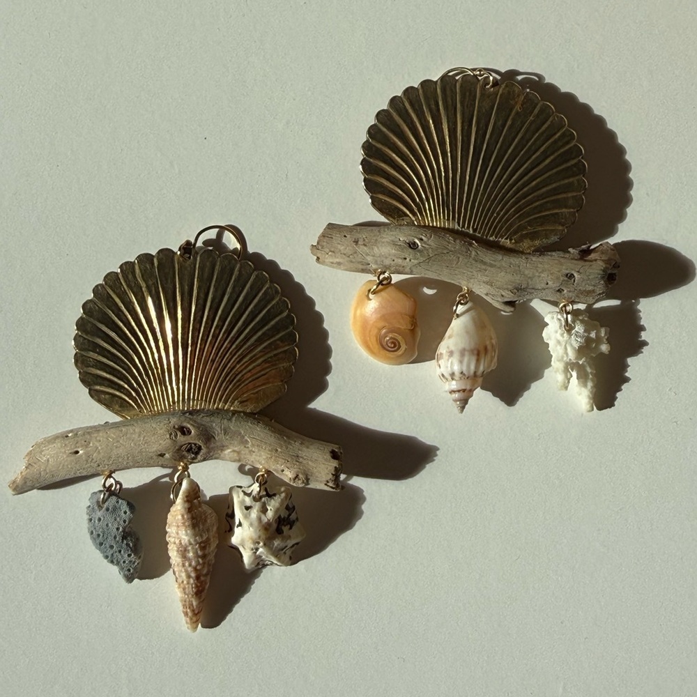 Gold Shell and Driftwood Earrings with Real Seashell and Coral Charms
